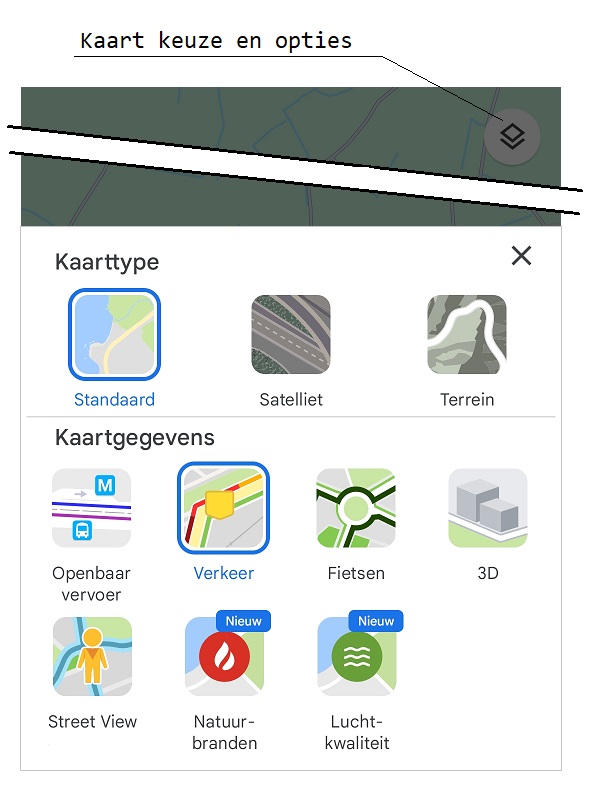 Google Maps kaart keuzes en opties